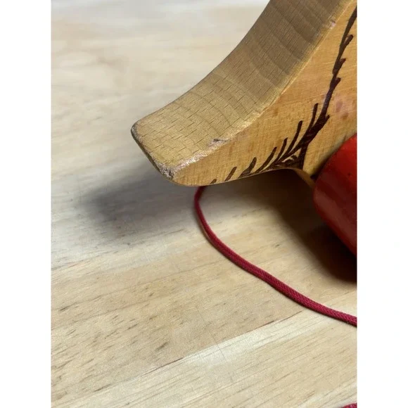Vintage Steiff Wooden Dog Dachshund on Red Wheels with ID And Pull String